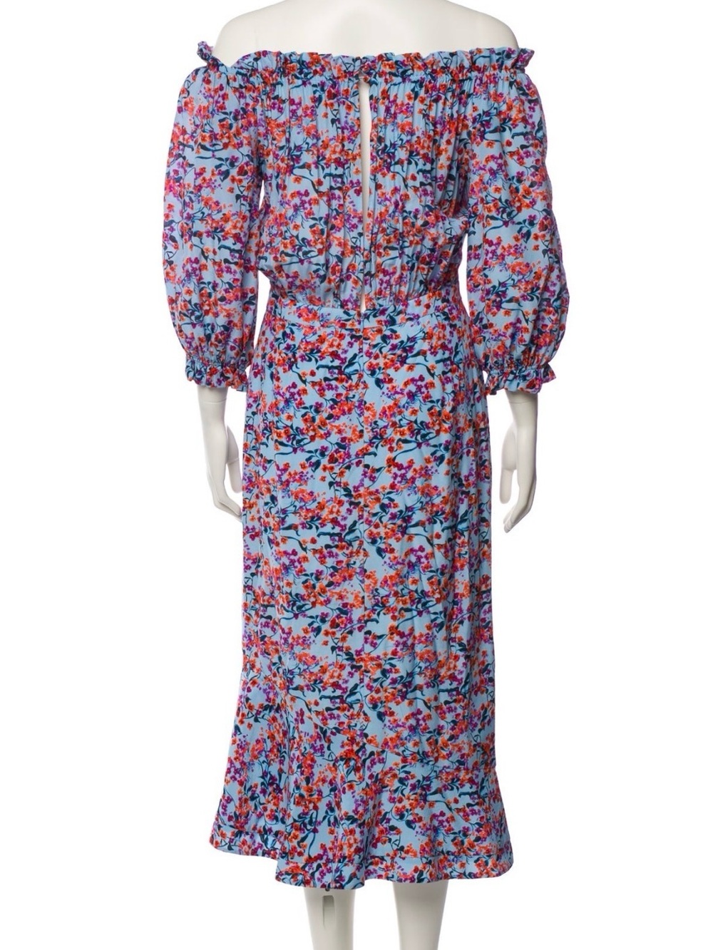 Saloni 100% Silk Floral Print Off The Shoulder Midi Dress Light Blue US 6 UK 10 - Picture 4 of 12